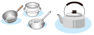 イラスト：アルミ製の鍋・釜・フライパン・やかん