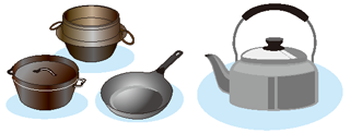 イラスト：鉄製の鍋・釜・フライパン・やかん