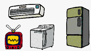 テレビ、エアコン、洗濯機、冷蔵庫のイラスト
