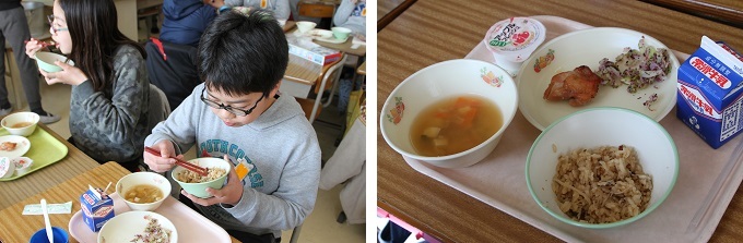 左：受賞メニューを食べる児童　右：16日提供された給食