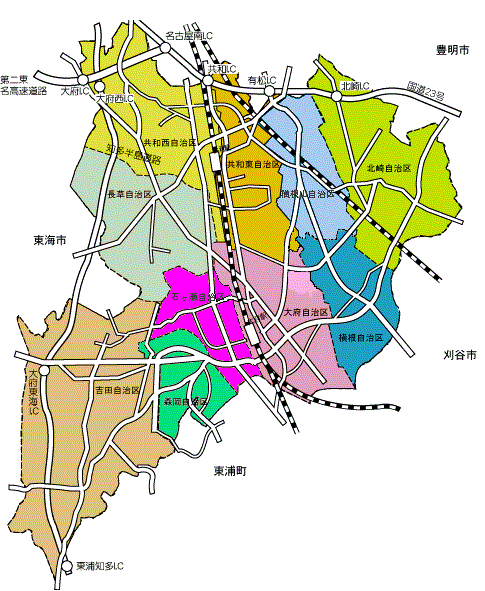 大府市内自治区の区域図