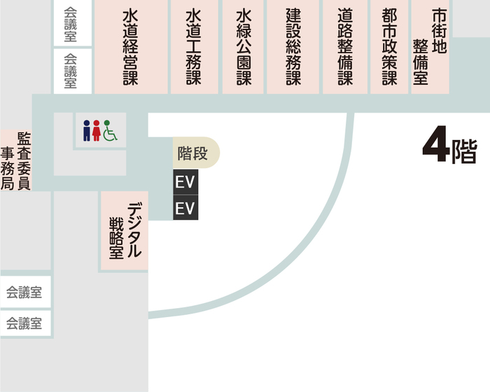 中心市街地整備室の配置図（中心市街地整備室は市役所4階です）