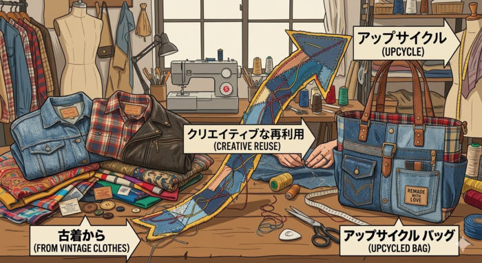 古着からバッグにアップサイクルした画像